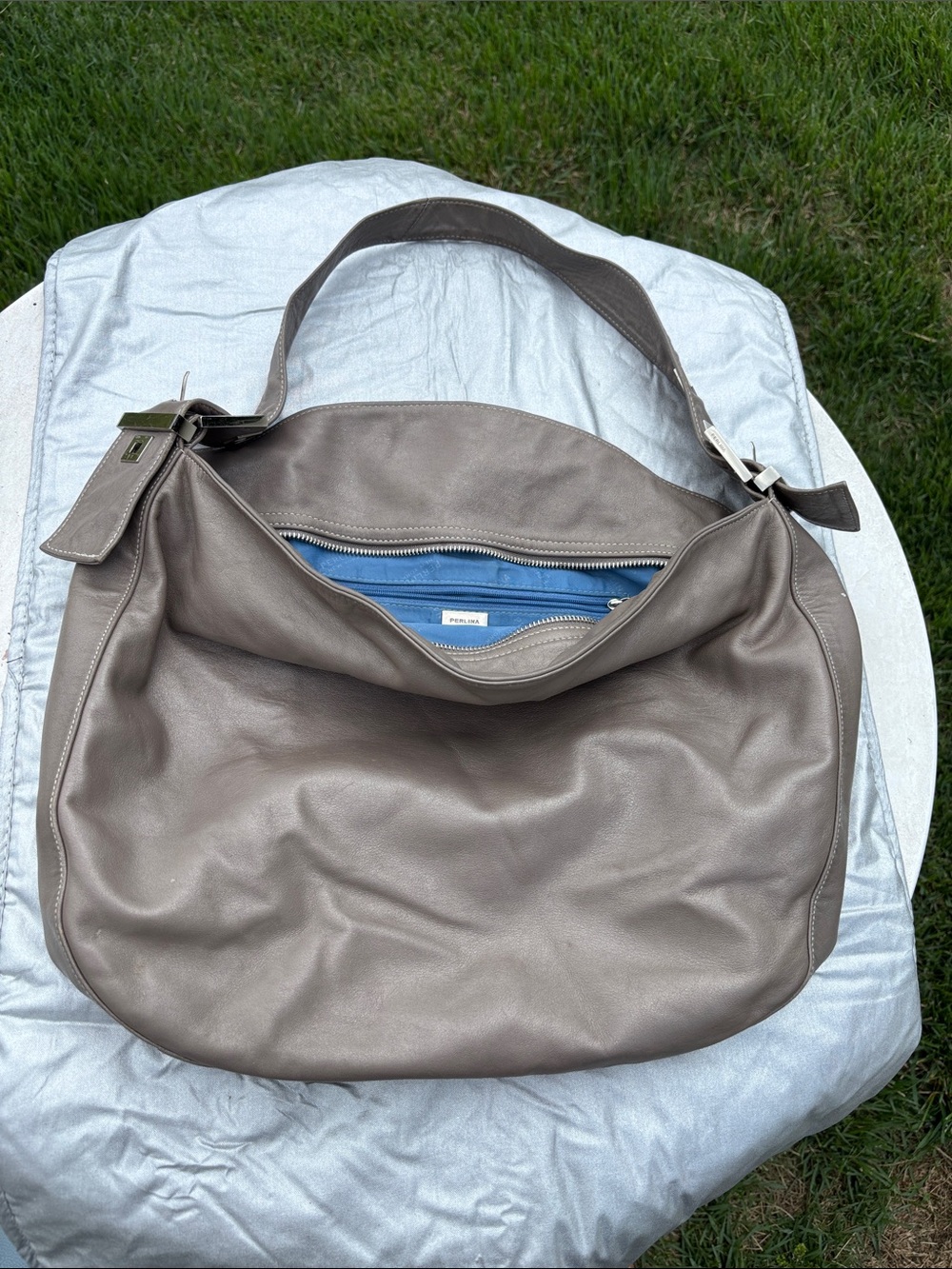 Perlina  Taupe Leather Shoulder Hobo with Blue Interior